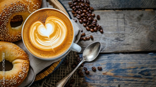 Coffee with heart shape latte art coffee beans bagle on table. photo