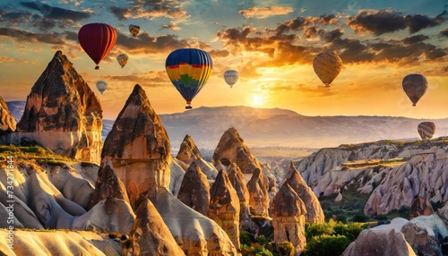 Hot air balloon flying over rocky landscape in Cappadocia