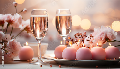 Romantic candlelight, champagne, and wine illuminate the winter celebration generated by AI