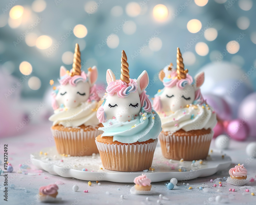 Cupcakes with unicorn and sprinkles on bokeh background Cupcakes with unicorn and sprinkles on bokeh background