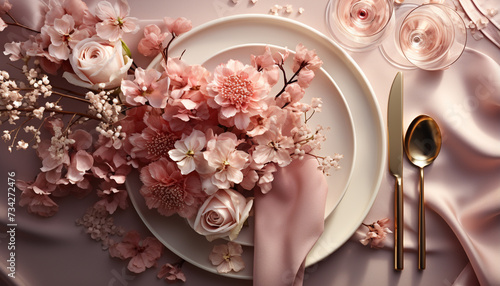Romantic wedding celebration with pink flowers, elegant table decor generated by AI