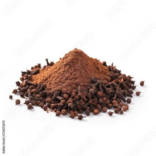 close up pile of finely dry organic fresh raw clove powder isolated on white background. bright colored heaps of herbal, spice or seasoning recipes clipping path. selective focus photo