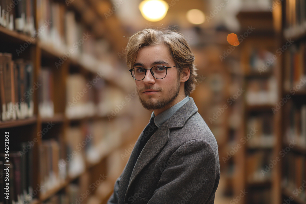 Fototapeta premium Estudiante en la biblioteca, con libros de fondo, girado, con gafas, elegante, universitario, transmite conocimiento, seguridad, empatía