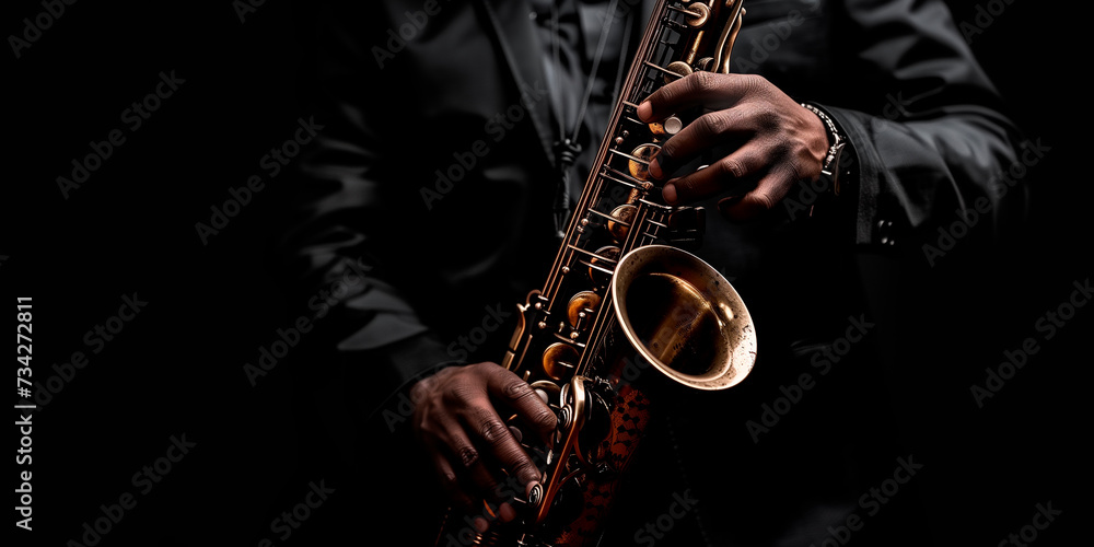 Naklejka premium Close-up of a saxophonist's hands on a saxophone