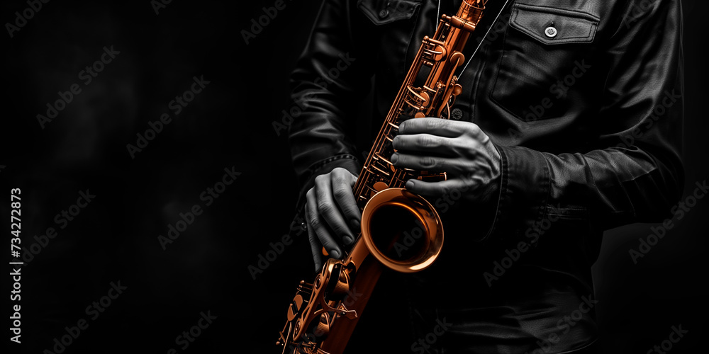 Naklejka premium A musician's hands gracefully hold a saxophone