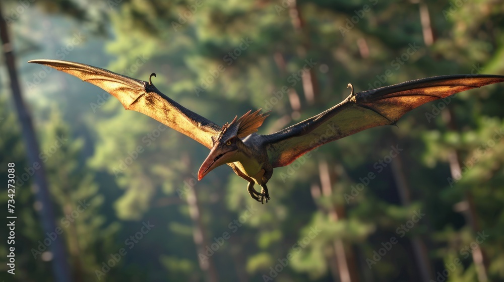Fototapeta premium Flying dinosaur, Pterodactyl, flying fast in prehistoric forest. Photorealistic.