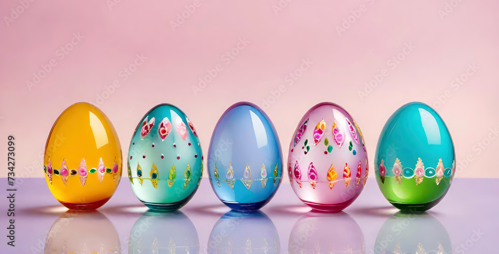 Colorful glass Easter eggs with a floral pattern arranged in a row on pink pastel background. Banner for design with copy space. AI generated.