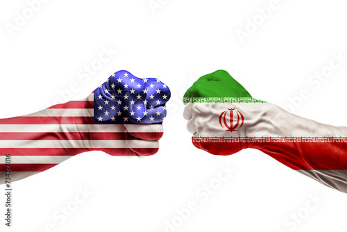 Conflict USA vs Iran, fists facing each other with transparent background