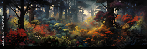 Panoramic View of Dense Forest: Showcasing Biodiversity and Nature's Mystical Aura in Vibrant Hues © Logan
