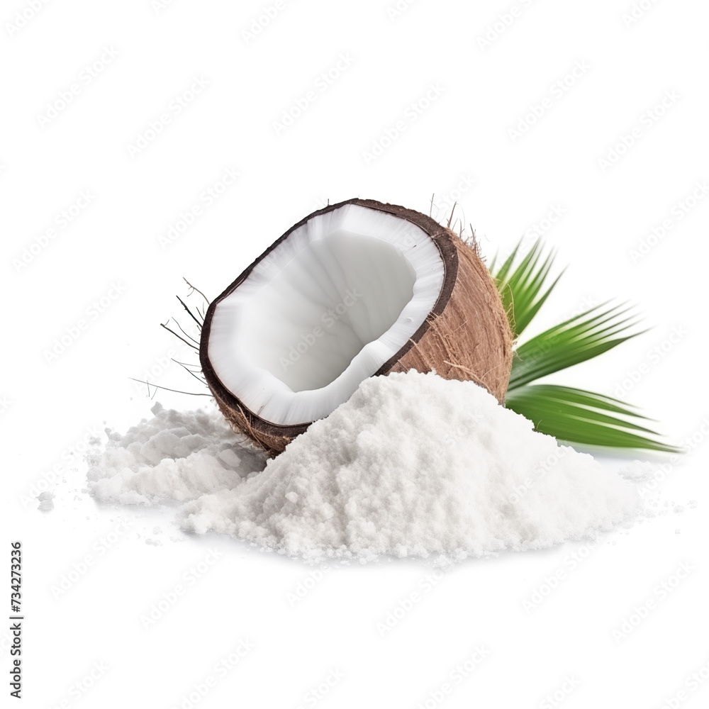 close up pile of finely dry organic fresh raw coconut water powder isolated on white background. bright colored heaps of herbal, spice or seasoning recipes clipping path. selective focus - obrazy, fototapety, plakaty 