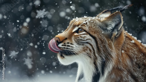  a close up of a cat with it's tongue out and snow flakes on it's face.