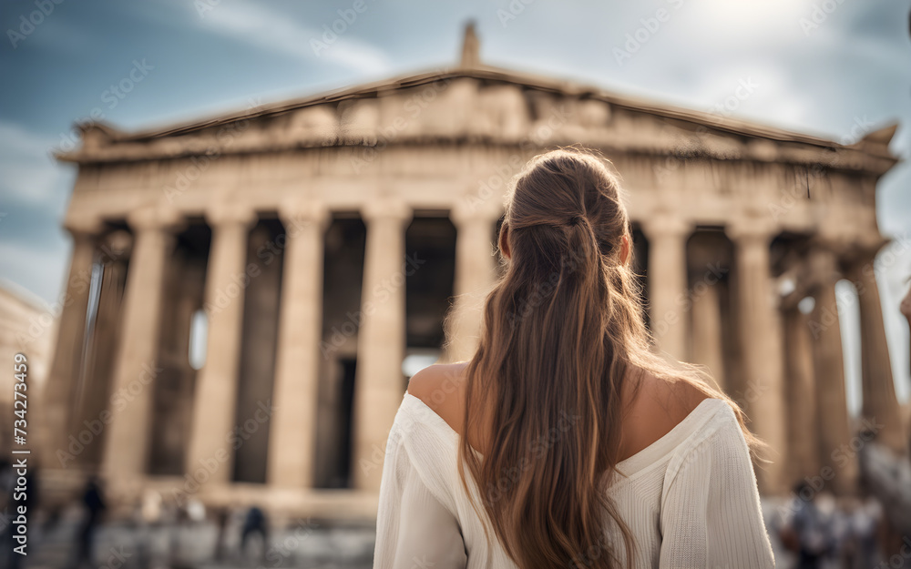 Rear centered view of a european traveler girl at the Parthenon, Athens, defocused background