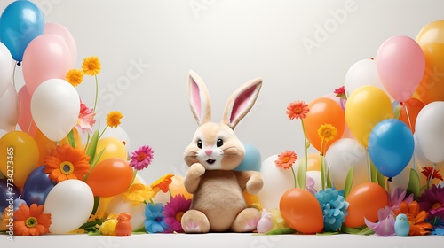 Craft an image that captures the essence of a close-up rabbit in an egg decoration, beautifully displayed against a wall, complemented by the presence of vibrant balloons,