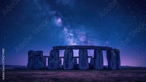 Famous Stonehenge ancient mystery site with milkyway at night in England UK. photo