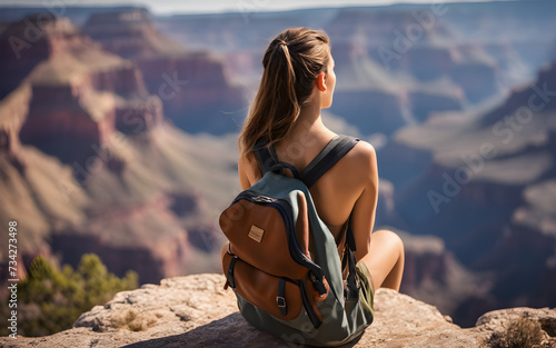 Rear centered view of a european traveler girl in a canyon photo