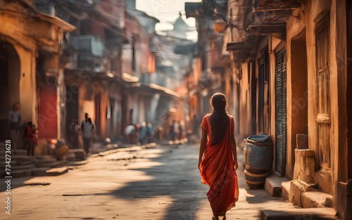 Rear centered view of a traveler girl in the street of old town in India, defocused background © julien.habis