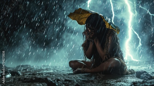 A helpless cavewoman in heavy rain with lightning bolt in prehistoric jungle. photo