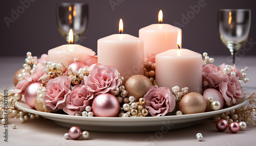 Luxury candlelight illuminates elegant decoration, creating a romantic ambiance generated by AI