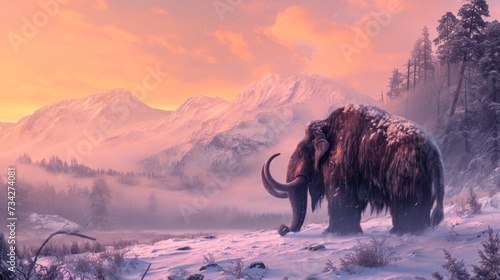 Mammoth walking in snow field in freezing winter at sunrise.