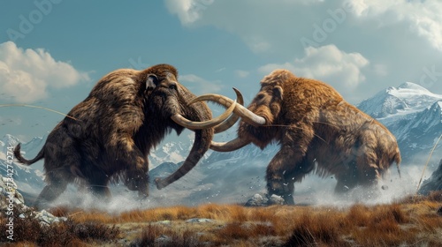 Two mammoths in a fight with prehistoric snow mountain background.