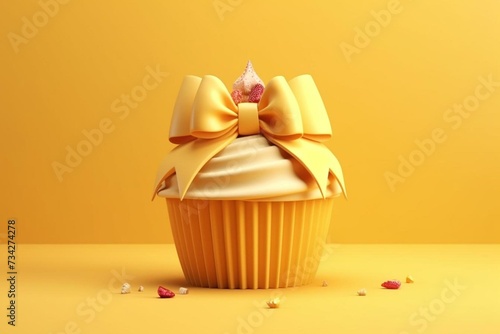 Cupcake with bow on yellow background. 3D render. Generative AI