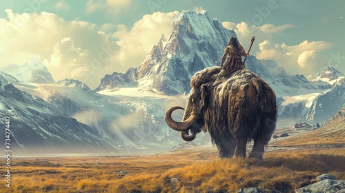 A warrior riding a mammoth in wild prehistoric times. Fantasy and surreal. © Joyce