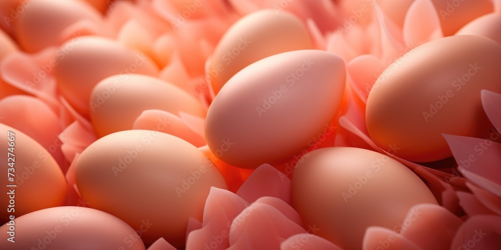 Background of beautiful chicken eggs and feathers in peach color. Generative AI Background of beautiful chicken eggs and feathers in peach color. Generative AI
