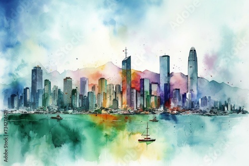 A vibrant watercolor-style painting of the Hong Kong city skyline. Generative AI