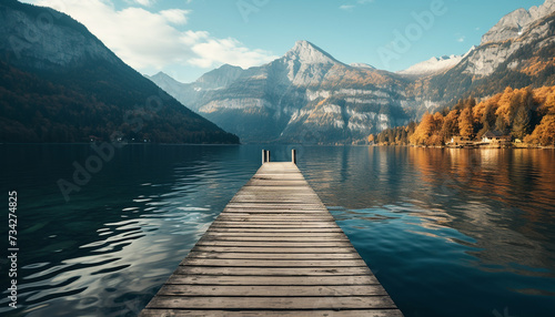 Tranquil scene mountain peak reflects in serene water generated by AI
