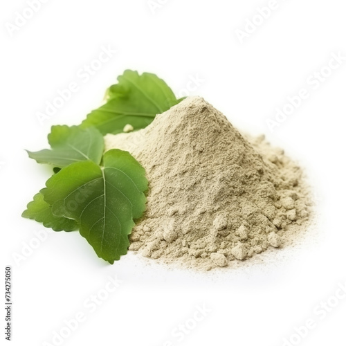 close up pile of finely dry organic fresh raw coltsfoot leaf powder isolated on white background. bright colored heaps of herbal, spice or seasoning recipes clipping path. selective focus photo