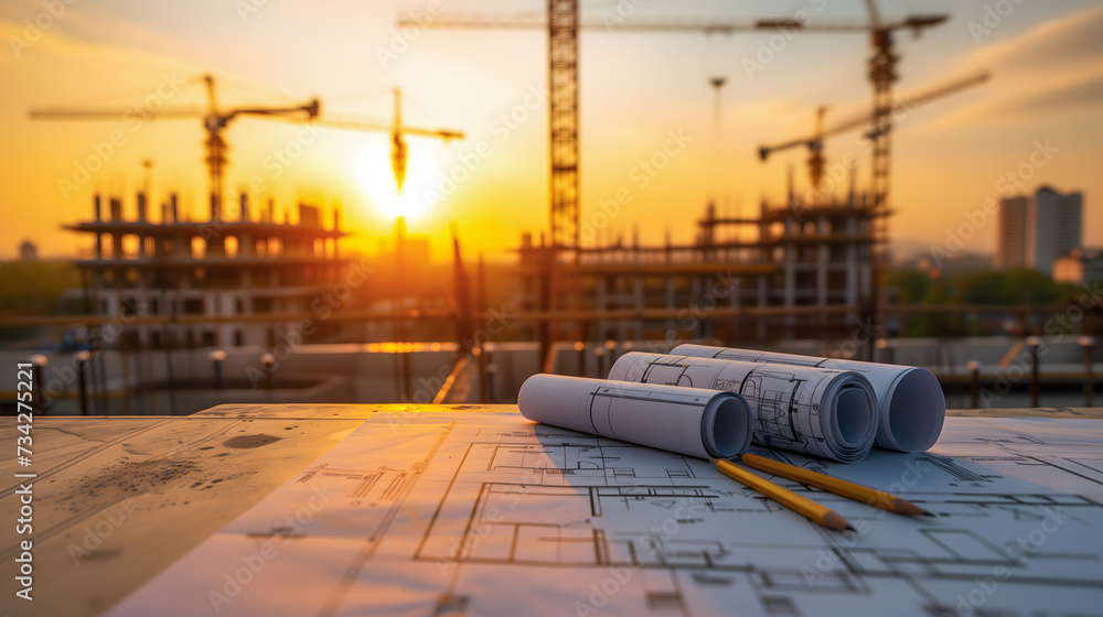 Des plans architecturaux posés au premier plan sur un chantier de construction avec des grues et le soleil couchant en arrière-plan. Des plans architecturaux posés au premier plan sur un chantier de construction avec des grues et le soleil couchant en arrière-plan.