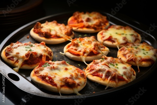 Pan mini pizzas. Italian fresh baked cheese dinner meal. Generate Ai