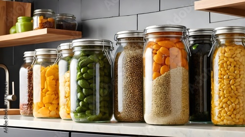 Set of glass jars with different spices, healthy and balanced food ingredients, sustainable lifestyle, zero waste storage idea, eco friendly concept. jar waste. Generative AI
