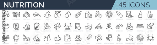 Set of 45 outline icons related to nutrition. Linear icon collection. Editable stroke. Vector illustration photo