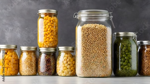 Set of glass jars with different spices, healthy and balanced food ingredients, sustainable lifestyle, zero waste storage idea, eco friendly concept. jar waste. Generative AI
