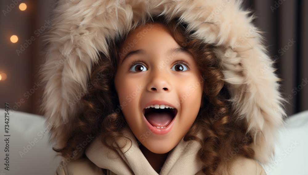 Cute, smiling child in winter clothing enjoys Christmas celebration generated by AI