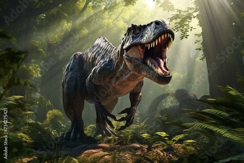3D rendering of a T-rex in a prehistoric forest. Generative AI