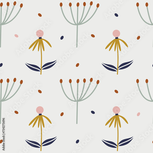 Seamless pattern with north forest flowers on white background. Modern botanical background. Vector illustration