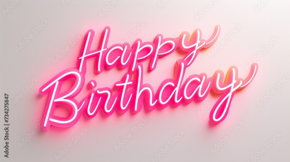 Pink neon cursive Happy Birthday lettering on a light background with a shadow effect.