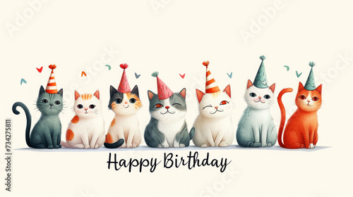 Line of cartoon cats with birthday hats and 'Happy Birthday' text, in a watercolor style.