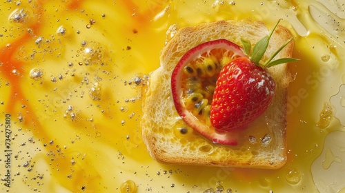  a strawberry sitting on top of a piece of bread on top of a yellow liquid covered ground with sprinkles.