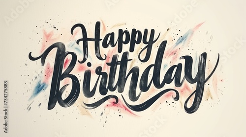 A stylized  Happy Birthday  message in brush script with watercolor splashes on a plain background.