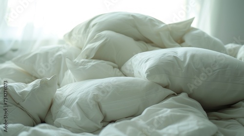  a pile of white pillows sitting on top of a bed covered in white sheets and white pillow shampoos.