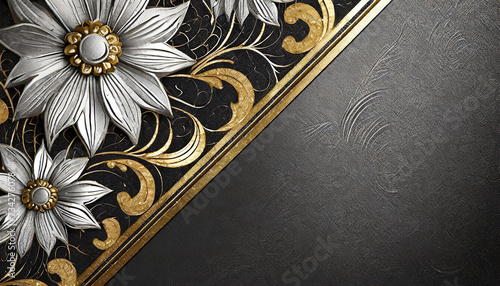 abstract black, gold and white floral pattern with copy space