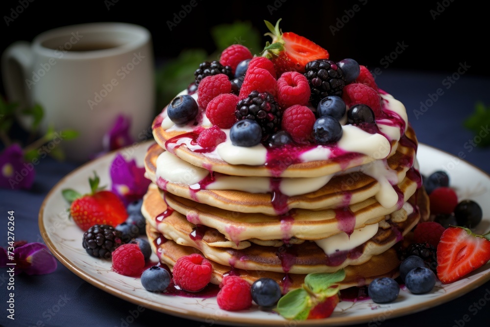 Indulgent Pancakes fruits chocolate. Meal lunch. Generate Ai