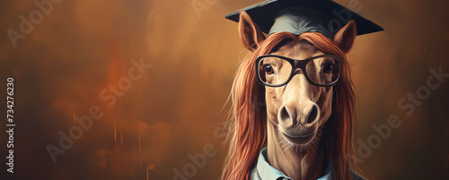 A horse wearing glasses and a graduation cap humorously embodies educational success.