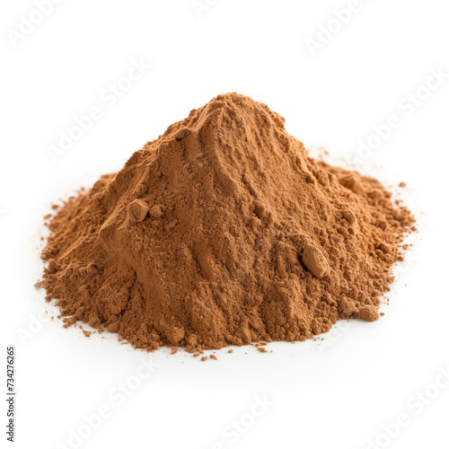 close up pile of finely dry organic fresh raw cramp bark powder isolated on white background. bright colored heaps of herbal, spice or seasoning recipes clipping path. selective focus