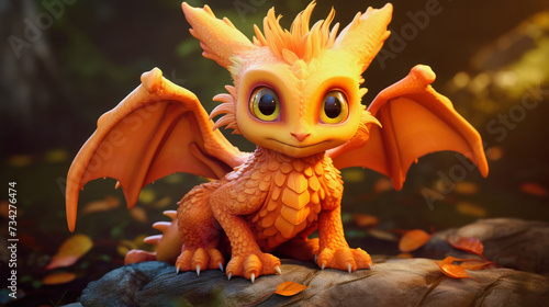 illustration of an orange colored small dragon in a forest