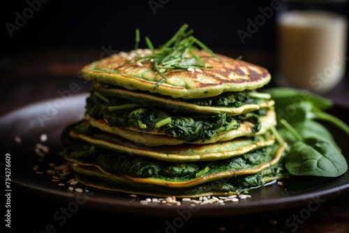 Heartwarming Hot pancakes with green spinach. Tasty eating. Generate Ai