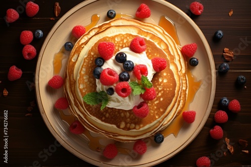 Fototapeta Naklejka Na Ścianę i Meble -  Satisfying Pancakes with top berry. Fresh cake. Generate Ai